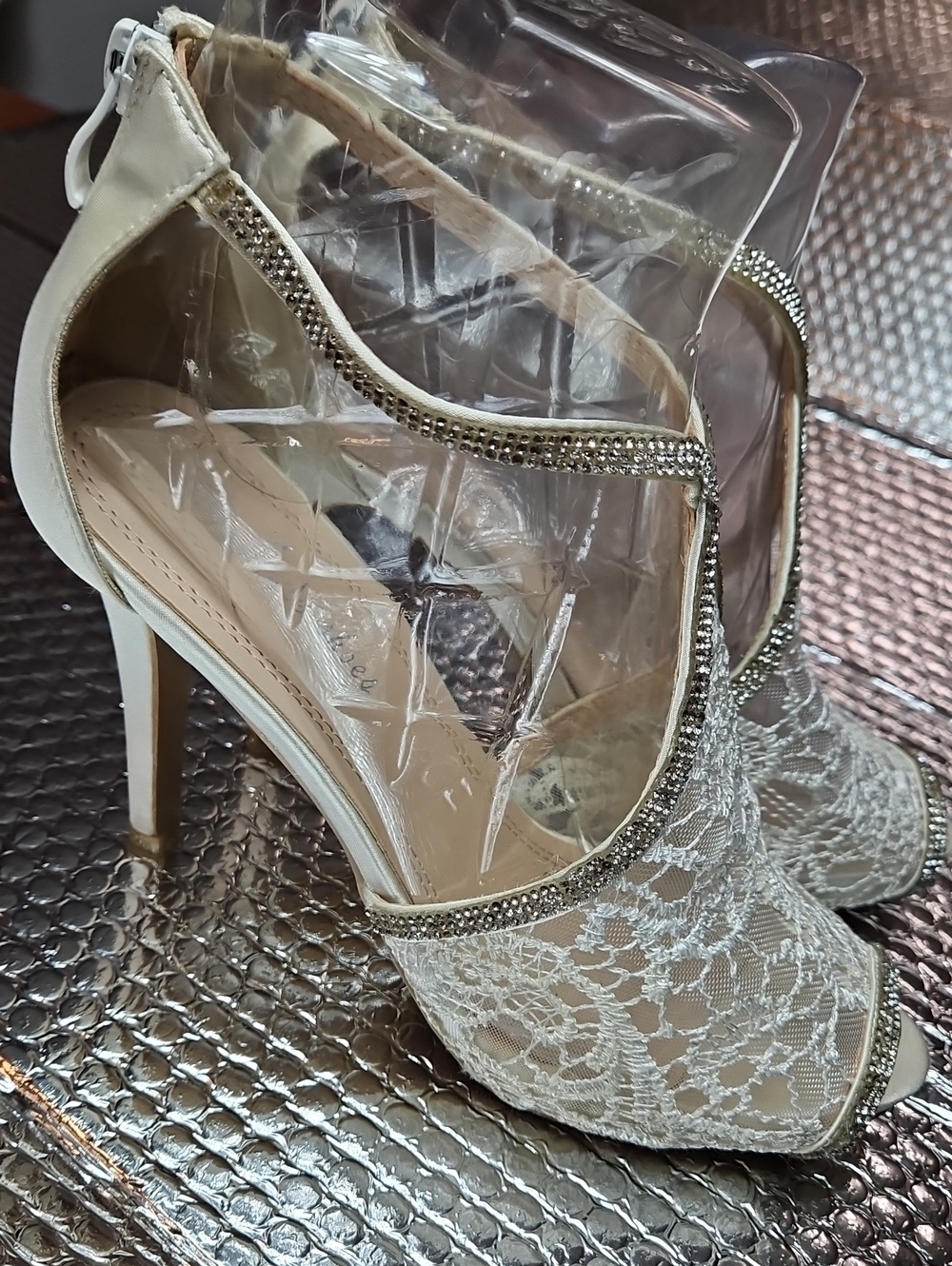 Lace Peep-Toe High Heels with Rhinestone T-Strap in Ivory